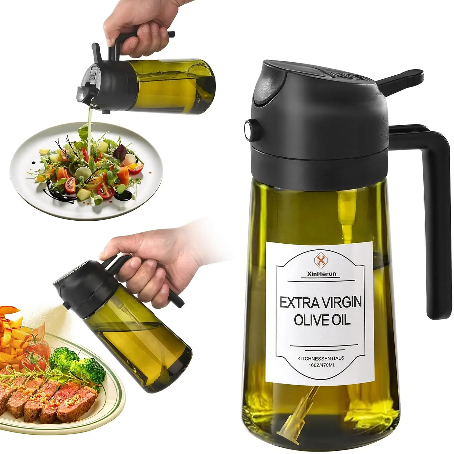 

Oil Sprayer for Cooking, 2 in 1 Glass Oil Dispenser Bottle for Kitchen, 16oz Mister Spray Bottle for Cooking with Sticker (Light