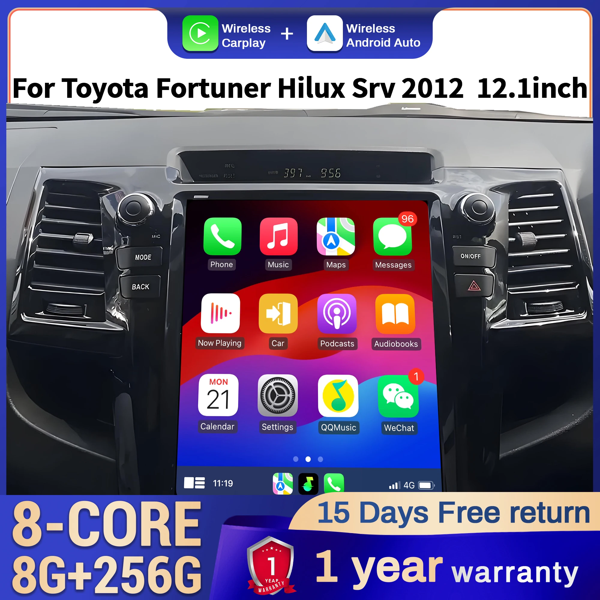 12.1 inch Car Radio For Toyota Fortuner Hilux Srv 2012 Android 14 4G Head Unit Wireless Bluetooth CarPlay Touch Screen Stereo