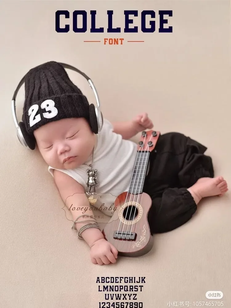 Newborn Photography Props Boy Outfit Rock Clothes Hat Necklace Earphone Guitar Backdrop Baby Photo Shoot Costumes Accessories