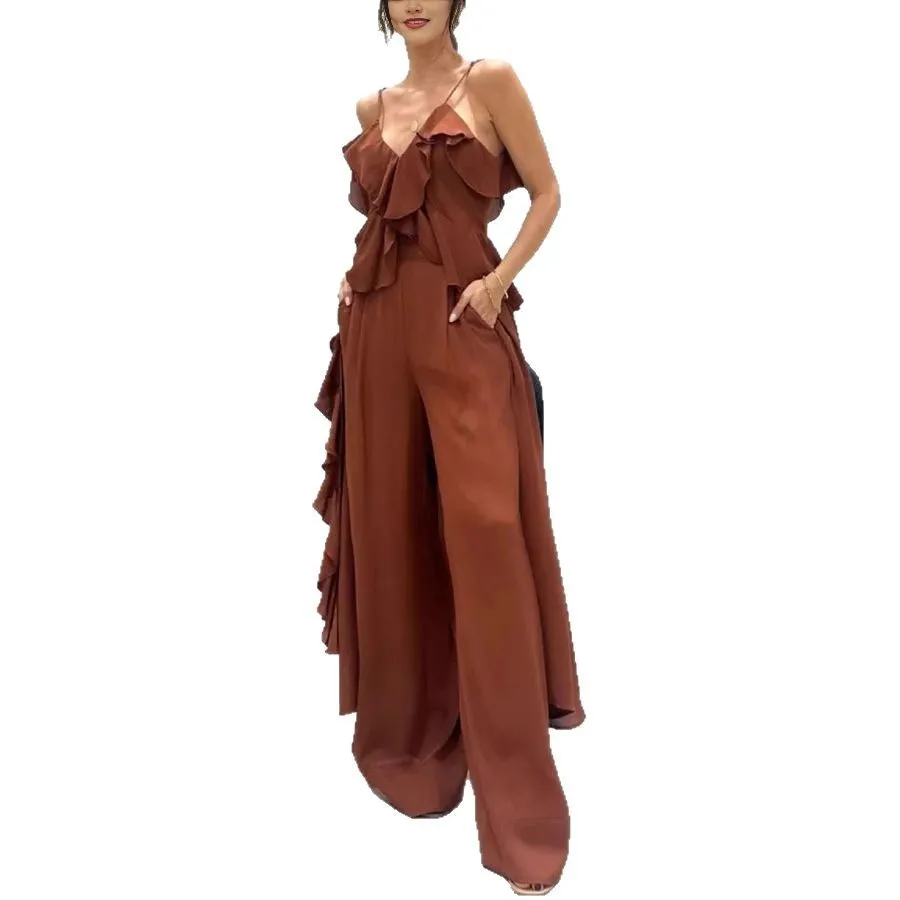 Tweedelige sets Damesoutfits 2023 Zomer Effen kleur Chiffon V-hals Hemdje Ruche Rechte pijpen Broek Bijpassende sets