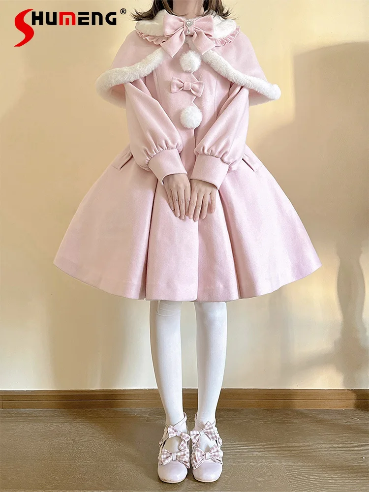 

Original Japanese Retro Elegant Detachable Cape Fur Collar Bow Long Sleeve Sweet Versatile Woolen Long Coat Women Winter Jackets