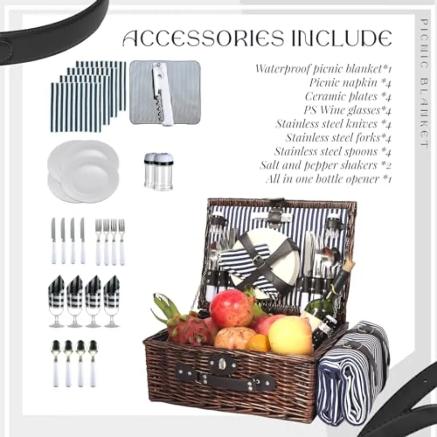 Picnic Basket Set for 4 with Waterproof Blanket Mat Insulation Bag Wicker Navy Blue Vintage Classic Gift for Christmas Thanksgi view 5