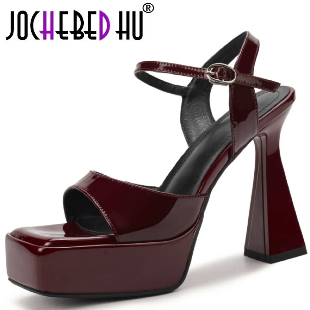 

【JOCHEBED HU】Handmade Genuine Leather Brand Shoes Women Fashion Sandals Peep Toe Block Heels Comfortable shoes for the water