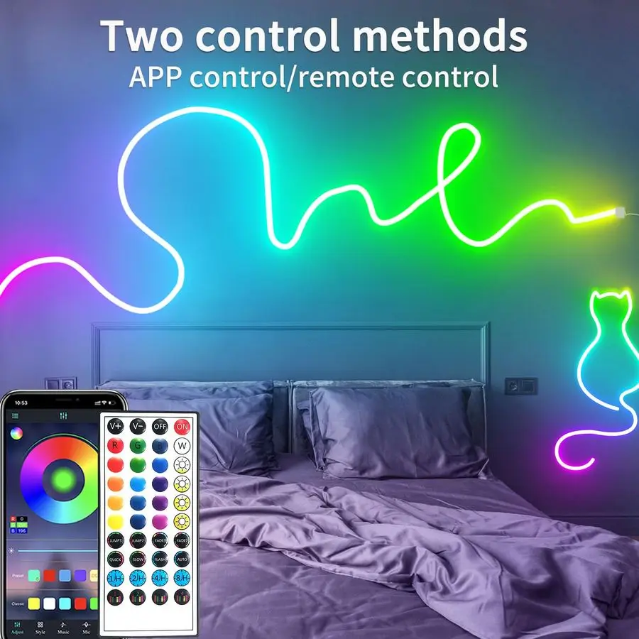 Luces de neón LED 24V RGB luces de cuerda LED con Control remoto Control por aplicación IP65 tira de luces LED de neón flexibles impermeables para Bedro