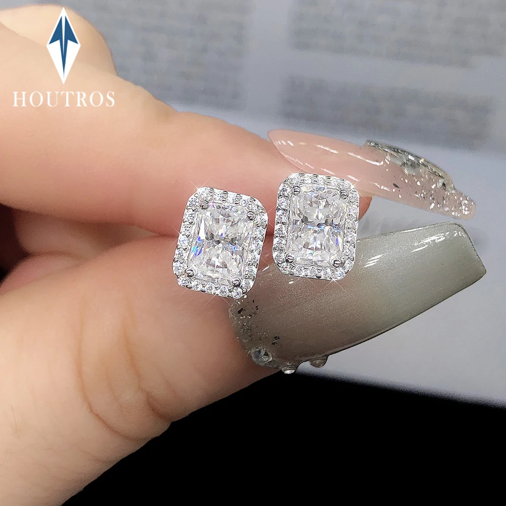 

0.5/1/2CT Emerald/Radiant Cut Moissanite Stud Earrings for Women 925 Sterling Silver Rectangle Halo Diamond Earring Jewelry Gift