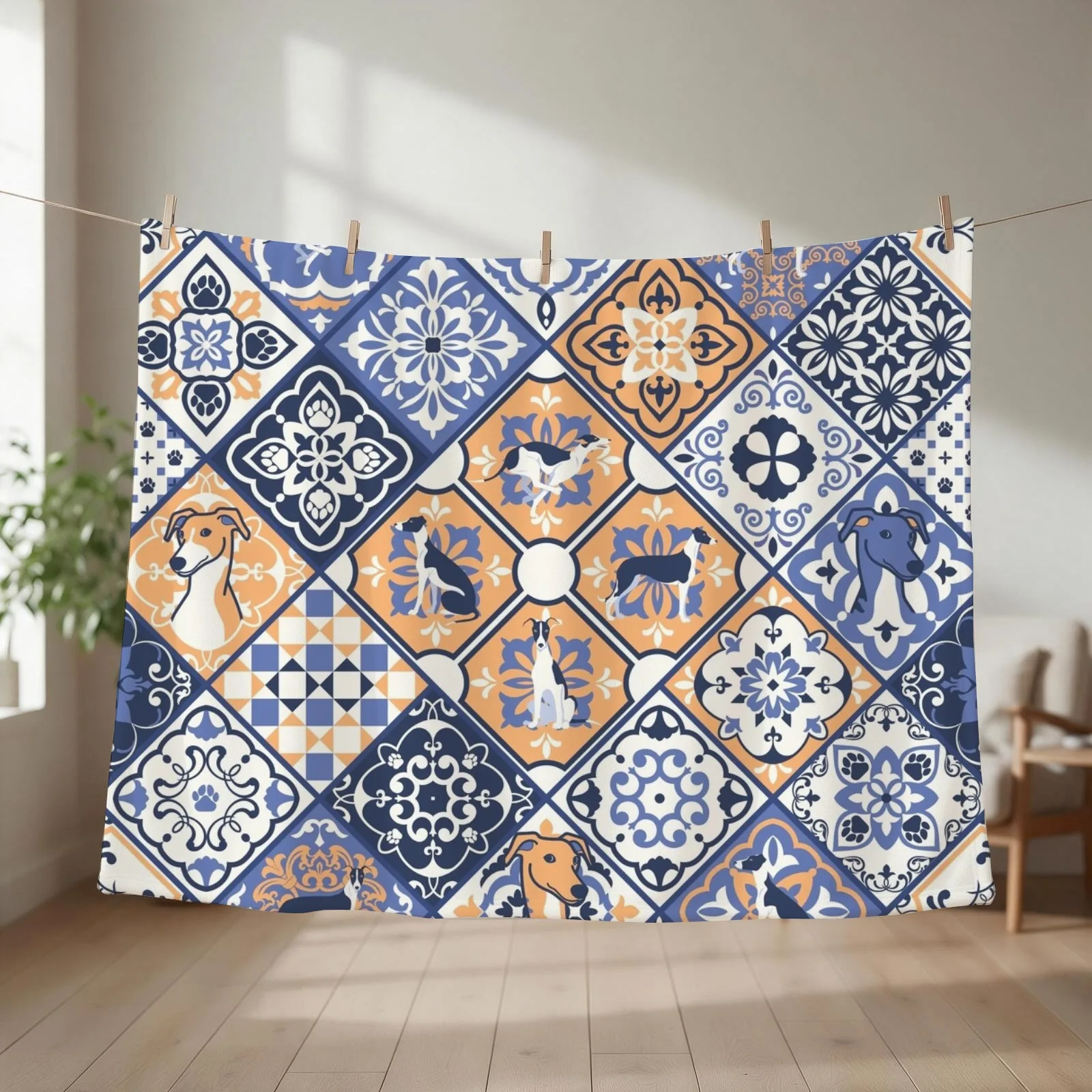 Greyhound Portuguese tile pattern Throw Blanket couch cozy soft plush fuzzy picnic outdoor blanket