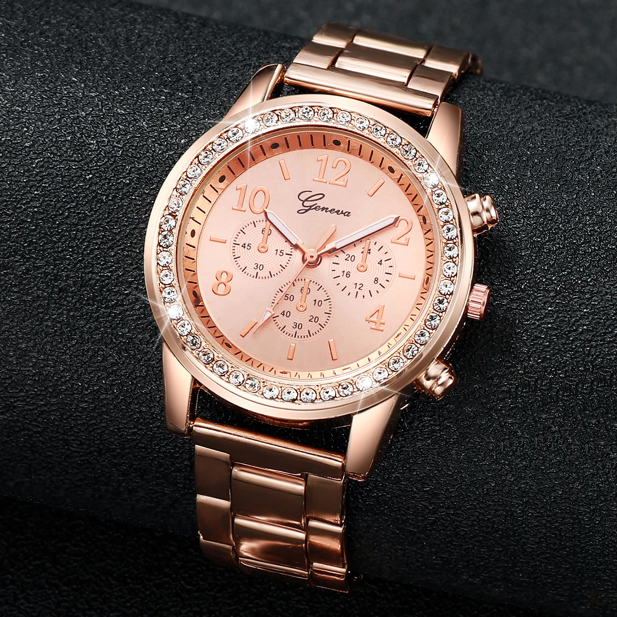 2PCS Women\'s Watch Fashion Rhinestone Rose Gold Steel Band Analog Quartz Watches Bracelet Set