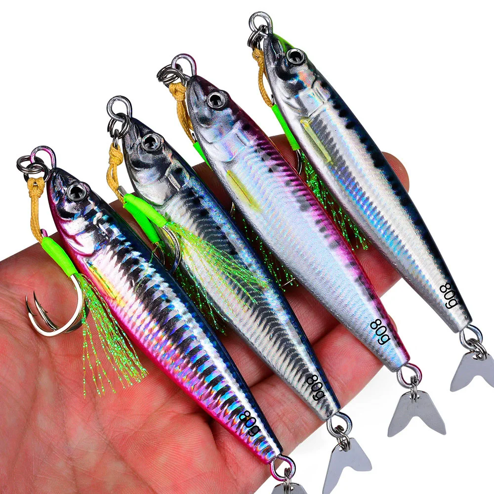 

1pcs Metal Fishing Bait 20g-80g Sinking Sea Bass Lead Jig Fish Lure 4 Color Artificial Lifelike Jigging Lure Bass Hook LF162