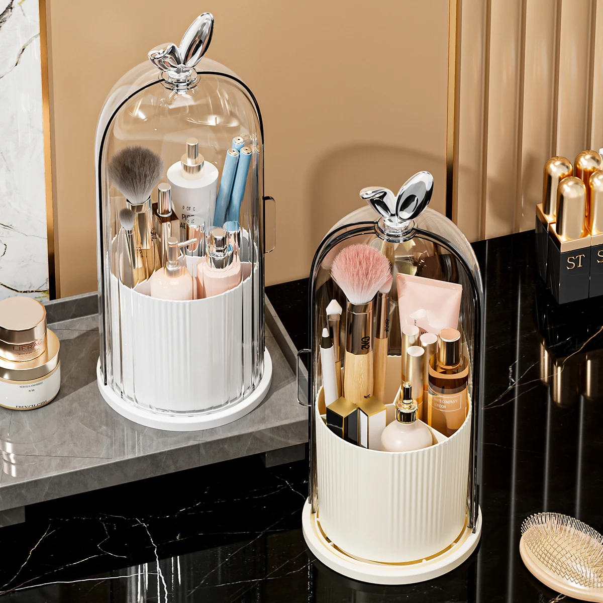 360° Rotating Makeup Brush Holder Cosmetic, Lipstick, Eyebrow Pencil, Eye Shadow Organizer with Clear Lid Dustproof, Waterproof