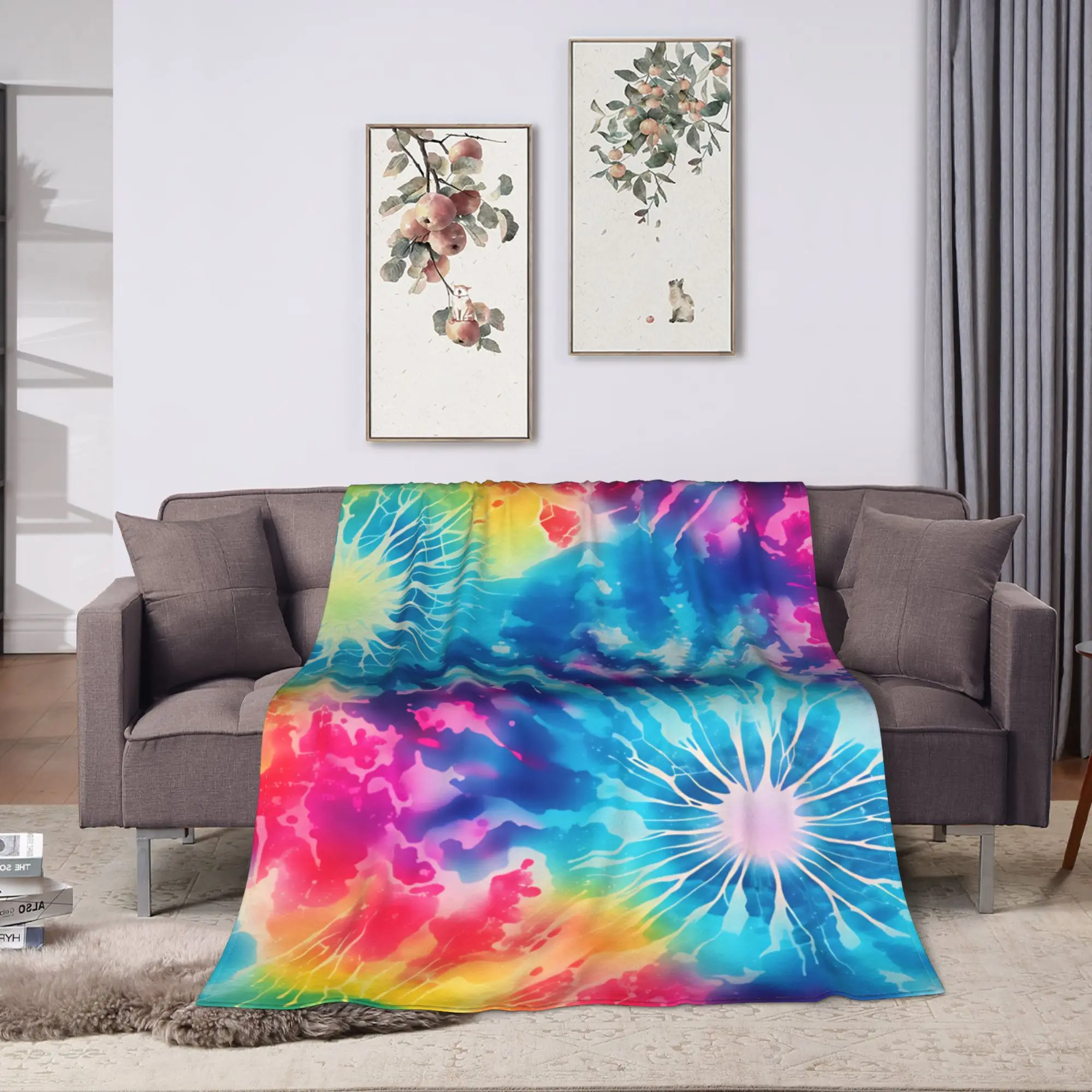 Bright Rainbow Burst Tie Dye Flannel Blanket Adults  Comfortable Throw Blanket Winter Chair Bedspread Sofa Bed Cover