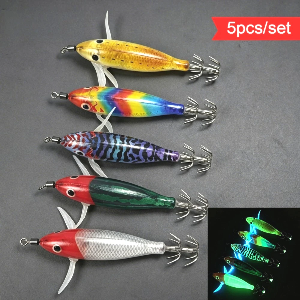 5pcs Luminous Squid Jig Horizontal Squid Jig Egi 10cm Plastic Glow in Dark Saltwater Sea Fishing Lures for Octopus Cuttlefish