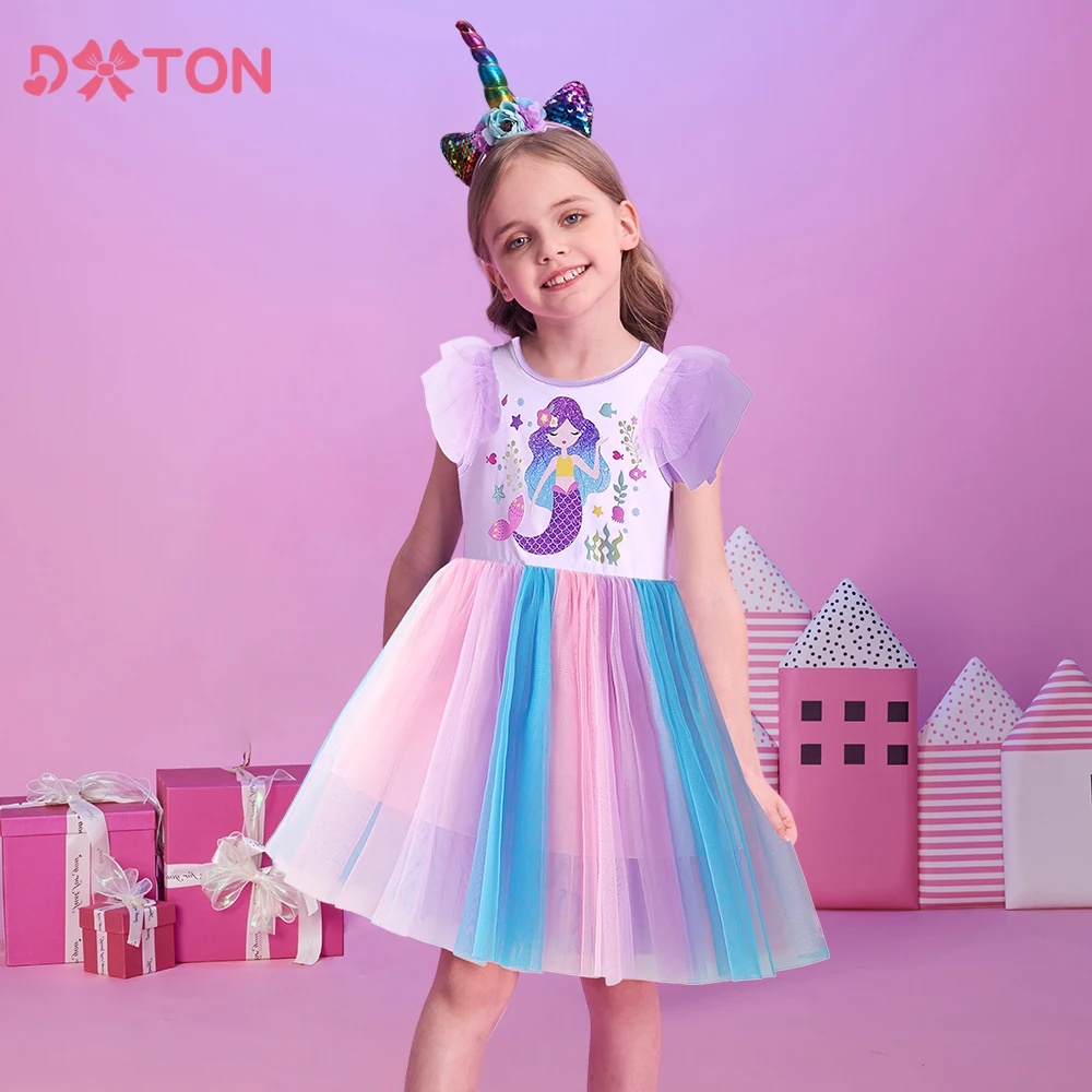 DXTON Mermaid Girls Dresses Children Princess Tutu Dress Toddlers Summer Prom Dresses Gradient Mesh Kids Birthday Party Clothing