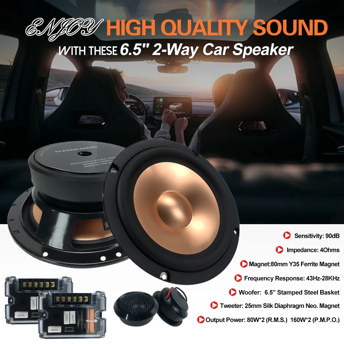 Zeming 6.5 Inch 2-Way RMS 80W *2 Component Car Audio Speaker System Clear Sound Quality Speaker & Horn