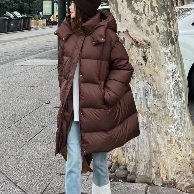 

90 White Duck Down Warm Hooded Women's Down Jacket 2025 New Fashion Korean Solid Color Casual Loose Thick Women Down Jacket H476