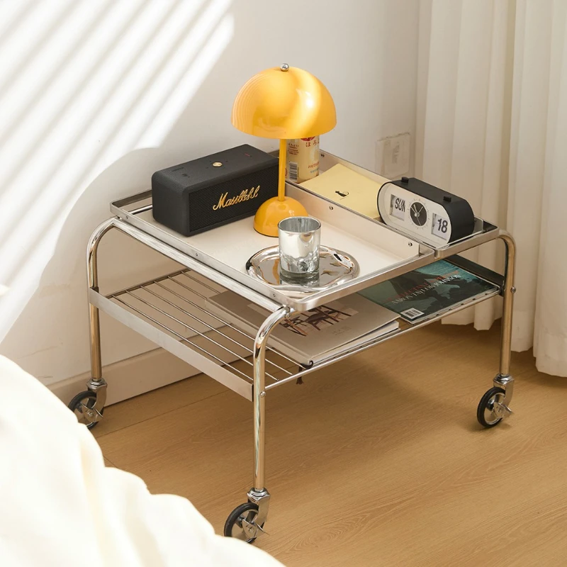 Couch-Seitenregal aus Edelstahl mit Tablett, kleiner Tisch