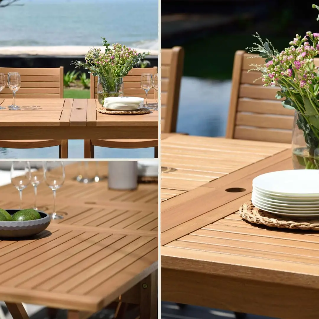 Teak Finish Rectangular Extendable Patio Dining Set Outdoor Indoor 11-Piece, Customized