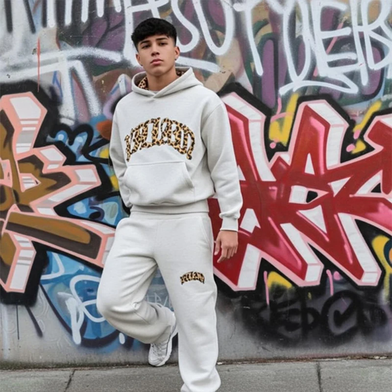 

Men Hoodie Retro Harajuku Street Sports Set Leopard Print Letter Embroidery American Hip-hop Fashion Casual Sweatshirt Pants ﻿﻿
