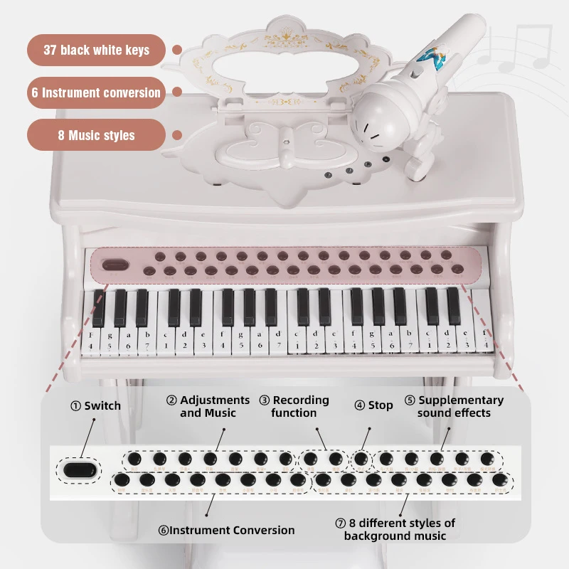 Piano eletrônico 37 teclado com microfone cadeira música instrumento musical iniciante bebê meninos meninas crianças brinquedos presentes de natal