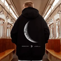 M-8XL Men Oversized Pullover Hoodie Fashionable Loose American Retro Crescent Print Long Sleeved Couple Outfit