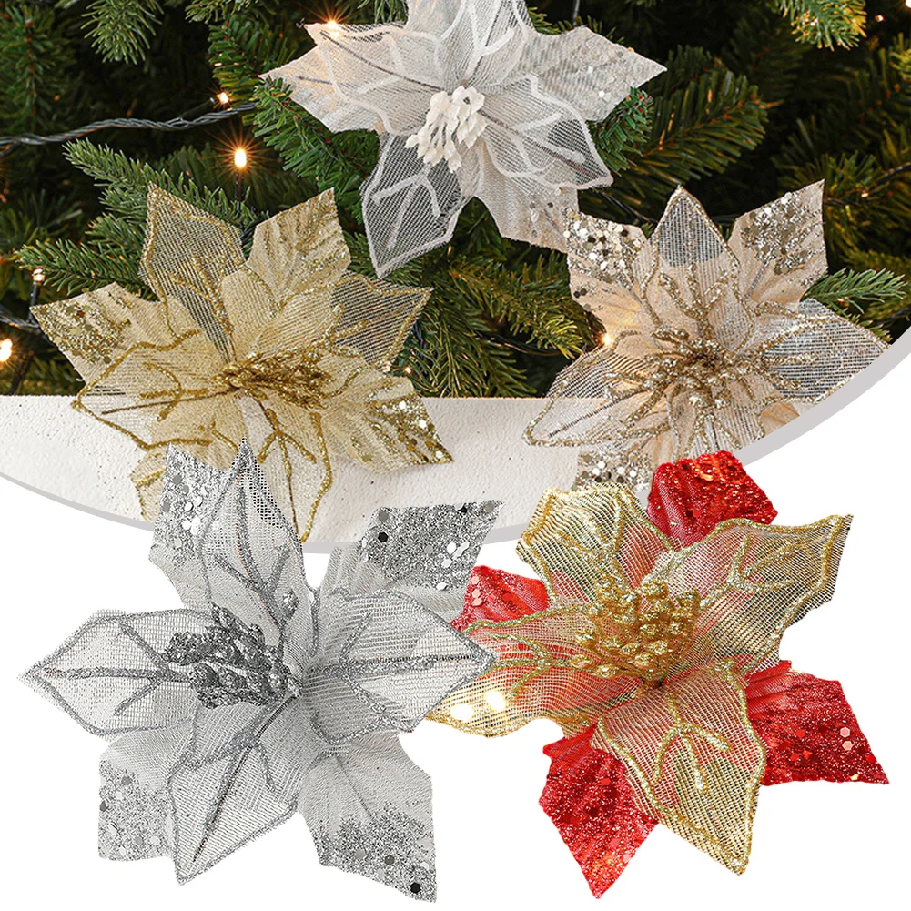 Hanging Xmas Party Tree Decoration Christmas Flower Flower Flower Diameter 18cm Glitter Flower Pole Length 12cm