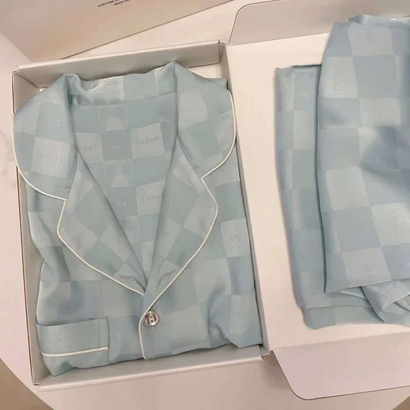 

Пижамный комплект Женский из 2 предметов, атласная пижама из искусственного шелка в клетку, с длинным рукавом, домашняя одежда, весна-осень