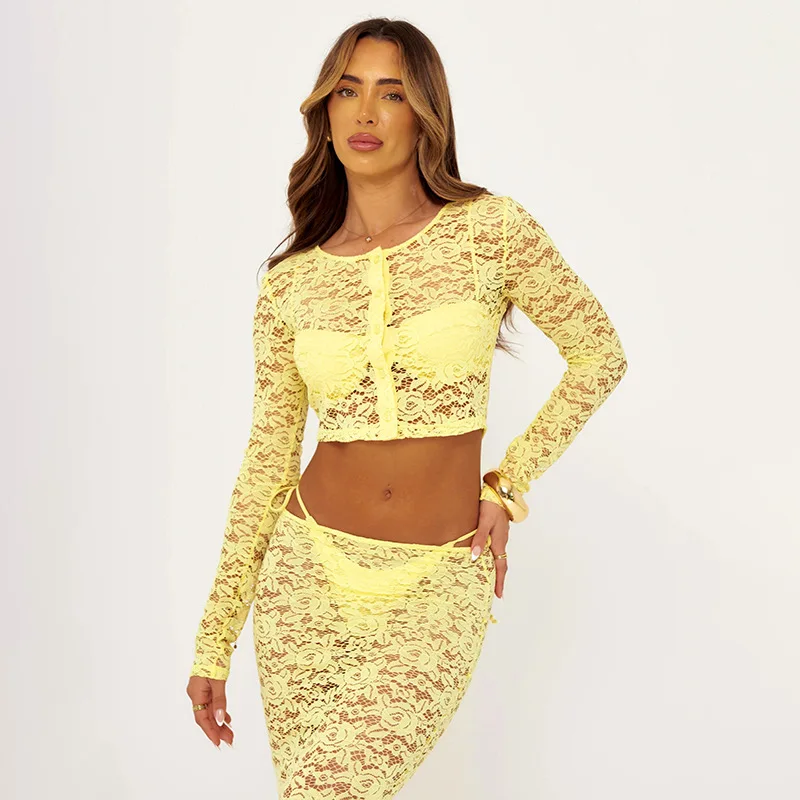

Combhasaki Women Summer 2Piece Floral Lace Cover-ups Outfits Set Long Sleeve Button-up Crop Shirt + ElasticWaist Mermaid Skirts