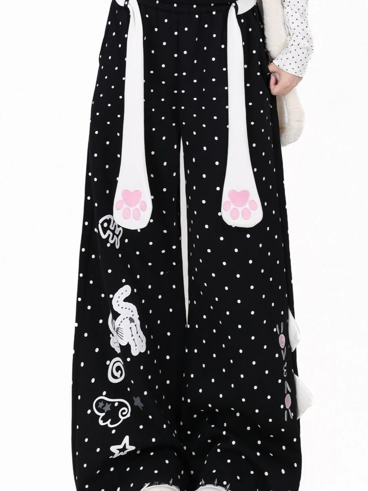 Japanese Vintage Polka Dot Wide Leg Trousers Y2k Aesthetic Cartoon Printing Straight Pantalones Women Grunge Loose Casual Pant