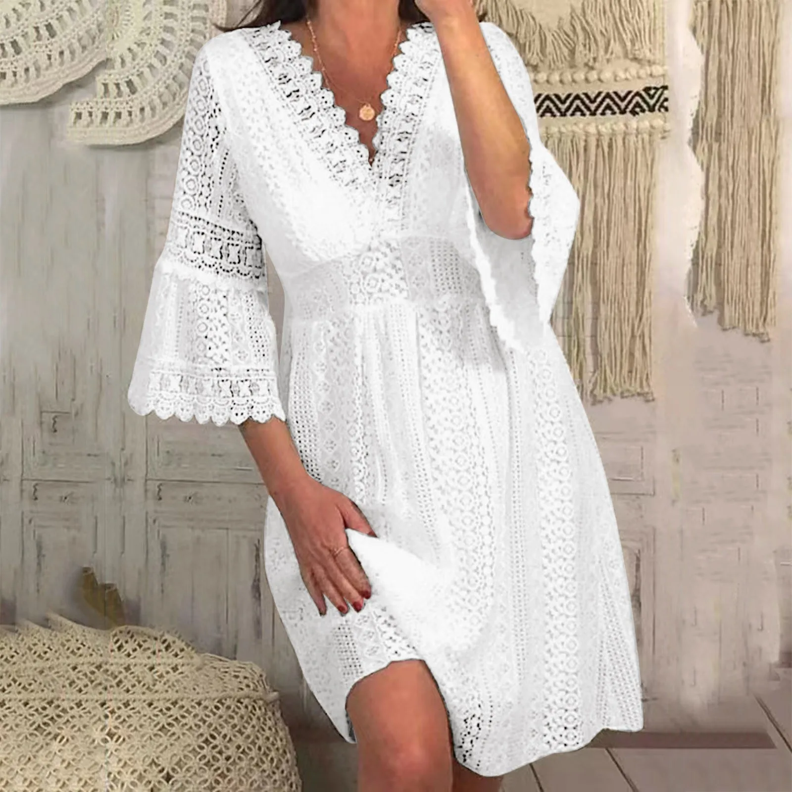 Women's Casual Lace Mid Dress Summer Flare Sleeve Solid V-Neck Knee Length Dress Female Fashion Hollow Out Loose Fit Dresses