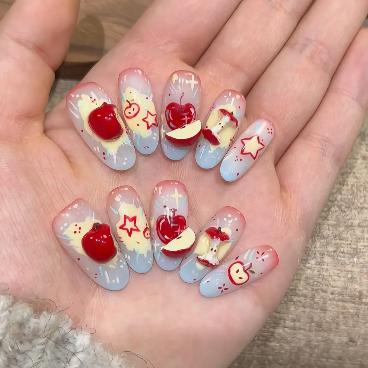 10pcs Handmade Gradient Press on Nails Dopamine Style 3D hand-painted Red Apple Fake Nails Wearable Ins Sweet Korean False Nails