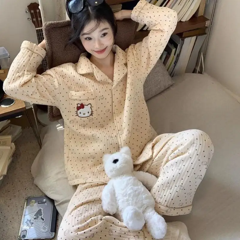 

Kawaii Sanrios Hello Kitty Cute Silk Long-Sleeved Pajamas Sweet Nightgown Loose Couple Casual Long-Sleeved Home Clothes Set Hot