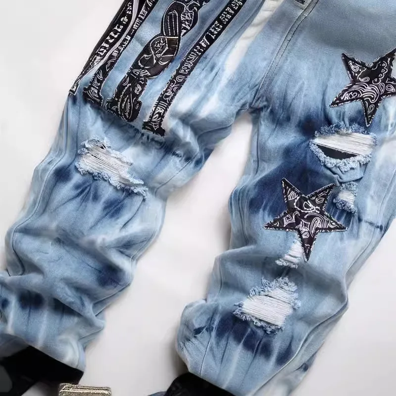 Punk Style Retro Blue Ripped Slim Fit Stretch Pencil Pants Men\'s Fashion Printing Printing and Dyeing Feet Jeans Men Clothing