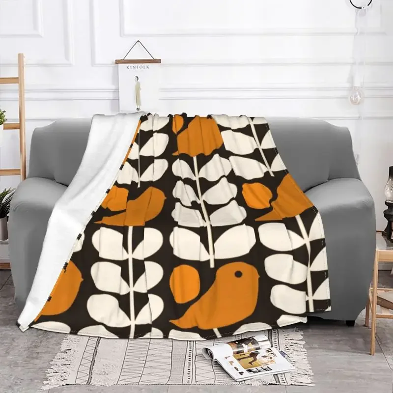 Multistem Birds Black White Orange Blankets Warm Flannel Orla Kiely Scandi Throw Blanket for Sofa Bedroom Bedding