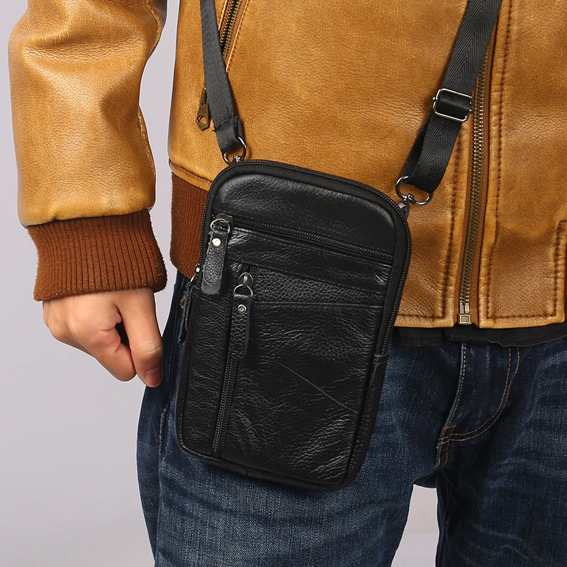 Men Genuine Leather Phone Bags Mini Waist Packs Belt Bag Classic Crossbody Shoulder Bag Fashion Small Men\'s Chest Shoulder Pouch