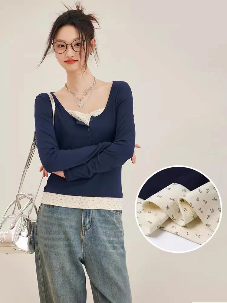 New Women Spring Autumn Floral Patchwork T-shirt Fashion O-Neck Long Sleeve Slim Print T-shirt Simplicity Sweet Basic T-shirt