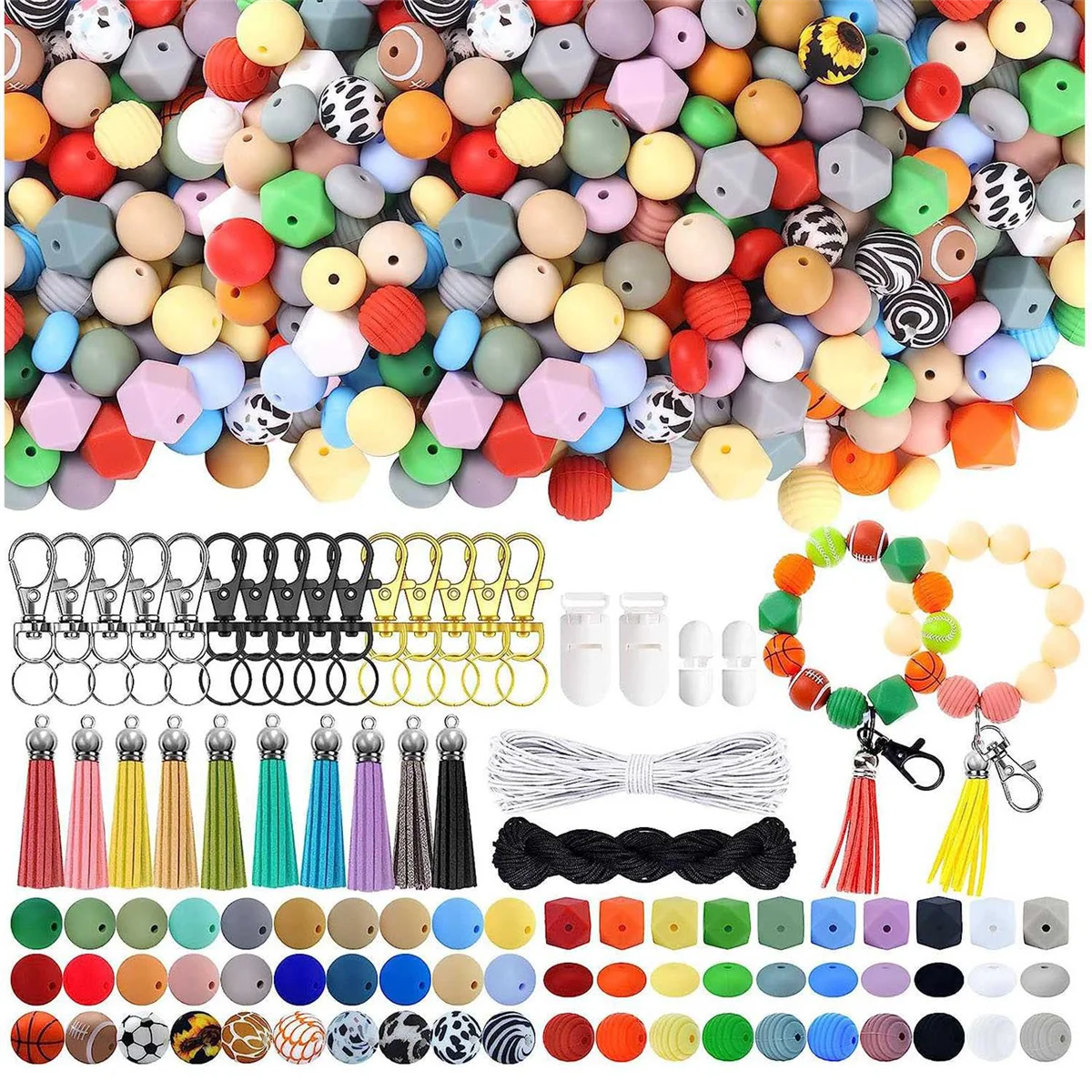 High-quality 275 PCS 15MM Silicone Beads for Keychain Making Kit, Multiple Styles and Shapes Silicone Beads Bulk Rubber Beads