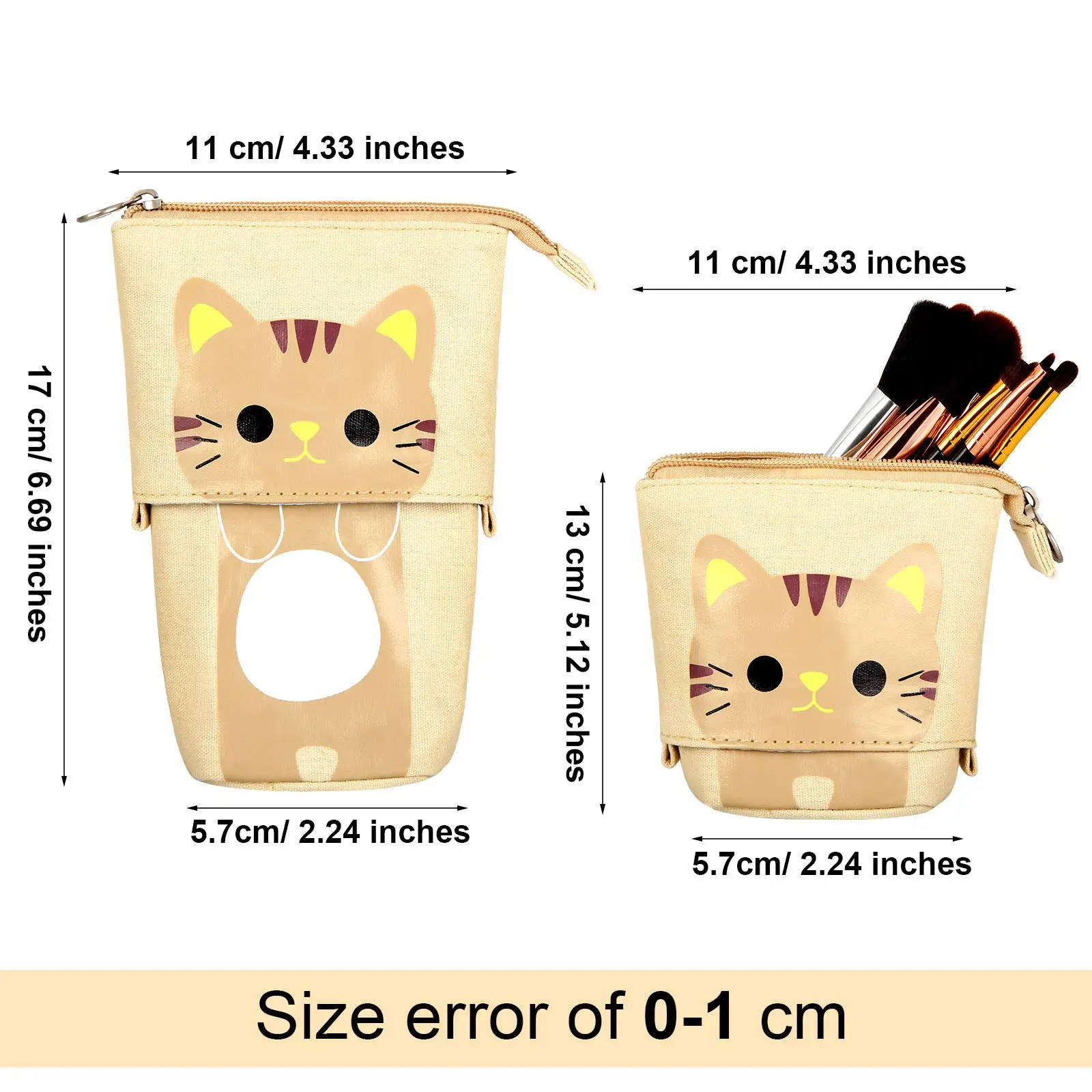 Bview Art 1pcs Standing Pencil Case Cat Print Telescopic Pencil Case Stand up Pen Holder Canvas PU Cartoon Portable Makeup Bag