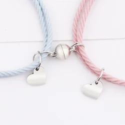 1Pair Braid Rope Magnet Bracelet for Lovers Stainless Steel Pendant Heart Couple Bracelets Friendship Jewelry