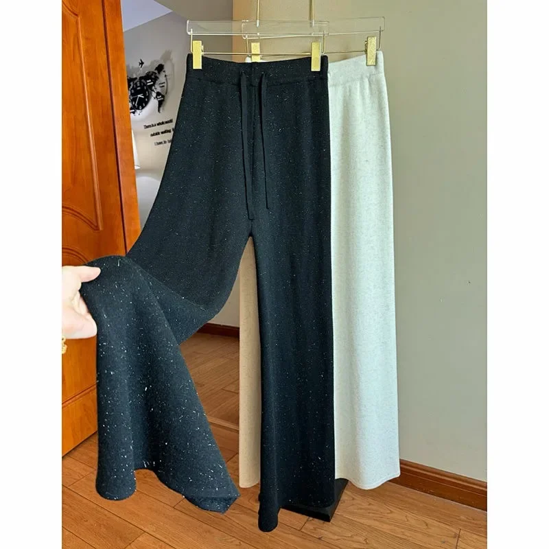 Bright Silk Wide-leg Pants Women Autumn Winter High-waisted Straight-leg Pants Casual Trousers Femme Drawstring Knitted Pants