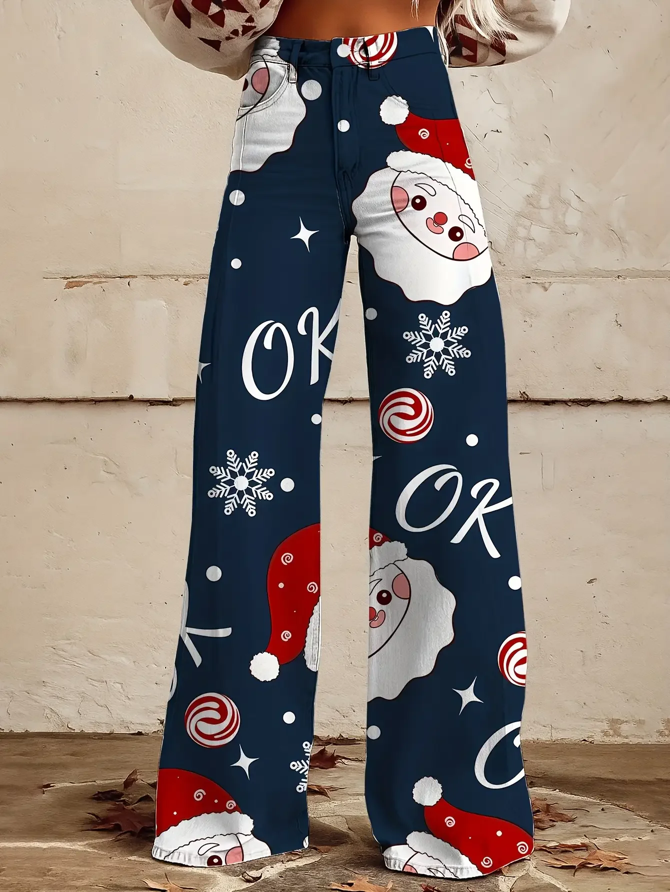 Ladies' imitation denim pants with blue background and Santa Claus snowflake pattern autumn and women's exclusive