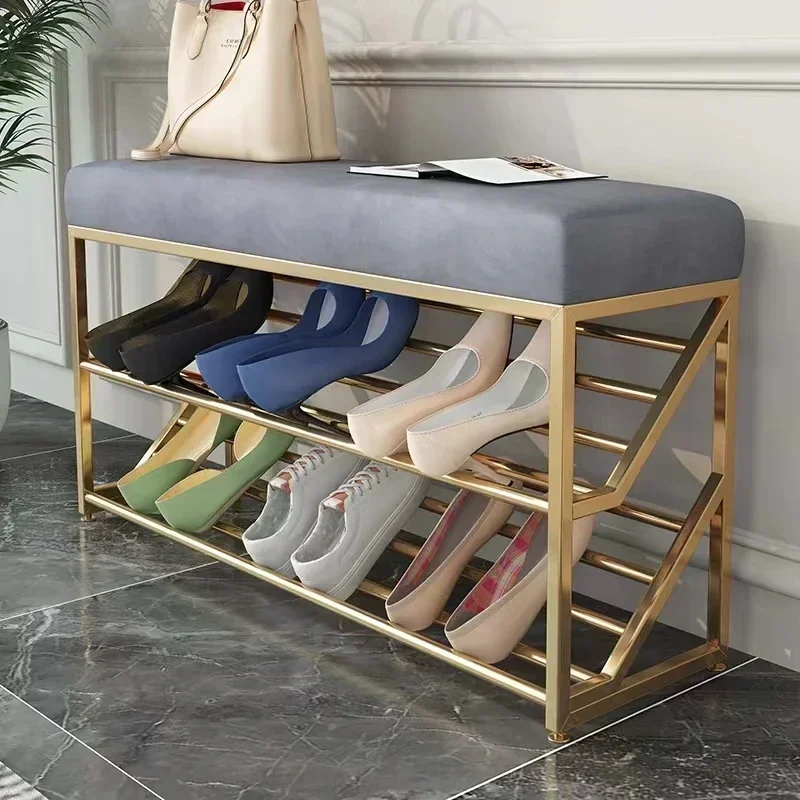 Modern Light Luxury Shoe Racks With Metal Frame  And soft Bench Living Room Shoes Shelf cabinet