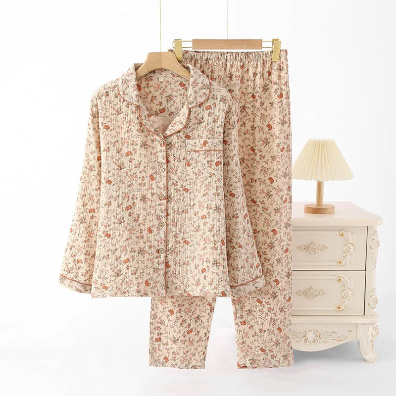 Spring Cotton Crepe Pajamas Women Long Sleeved Lapel Cardigan Vintage Household Clothes Two-piece Set Trousers Sexy Sleepwear