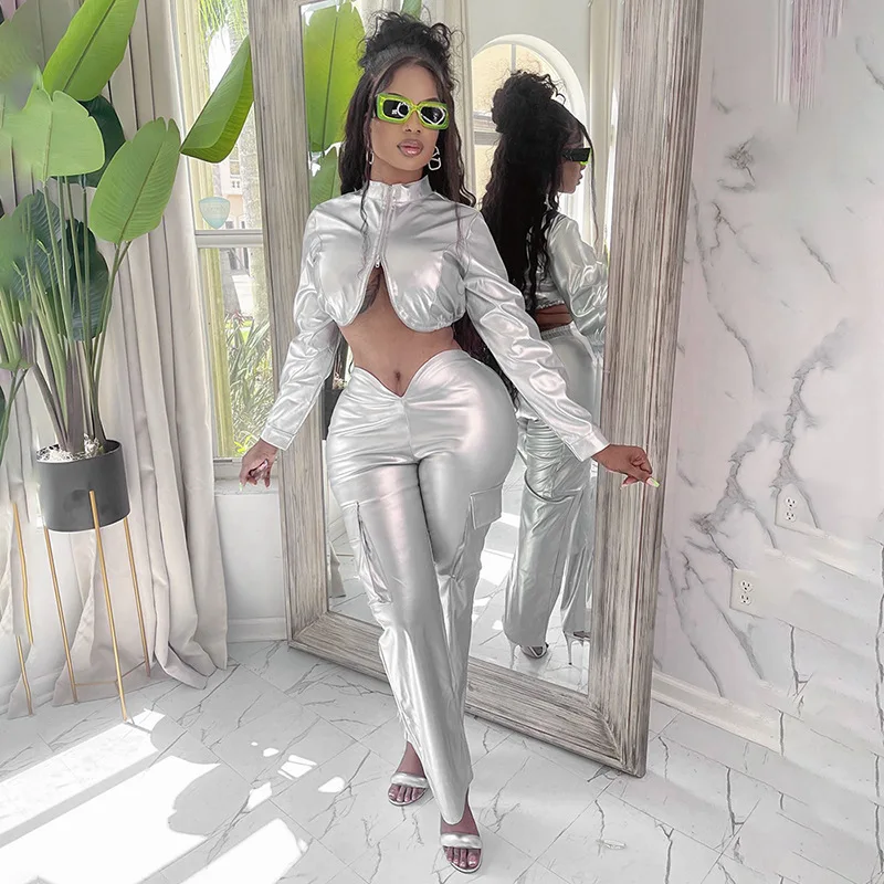 Y2K Women 2 Piece Shiny Silver PU Leather Zipper Cropped Jackets Straight Pants Sets Metal Color Leather Suits Two Piece Outfits