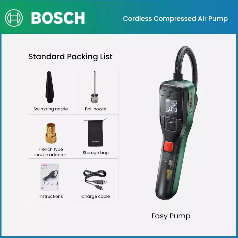 Original Bosch EasyPump Cordless USB Rechargeable Air Pump Mini Portable Air Compressor for Bicycle Motorcycle Car Use