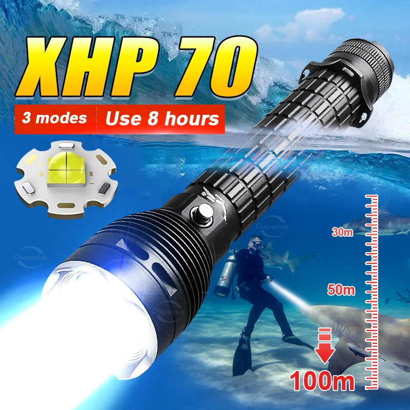 Diving Flashlight Rechargeable Super Beam XHP 70 Dive Torch Waterproof Scuba Light IPX 8 Underwater Flash Light Deep Sea Lamp