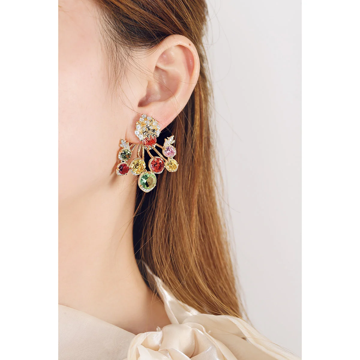 

925 Silver Needle Luxury Multicolor Gemstone Fan Shape Drop Earrings, Elegant Party Statement Jewelry Gift for Women