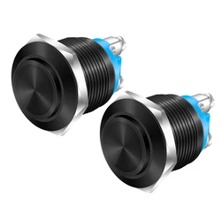 2PCS Momentary Horn Push Button Switch 12V Black Metal Waterproof 19mm Round Starter Power Switch for Car RV Truck Boat Marine