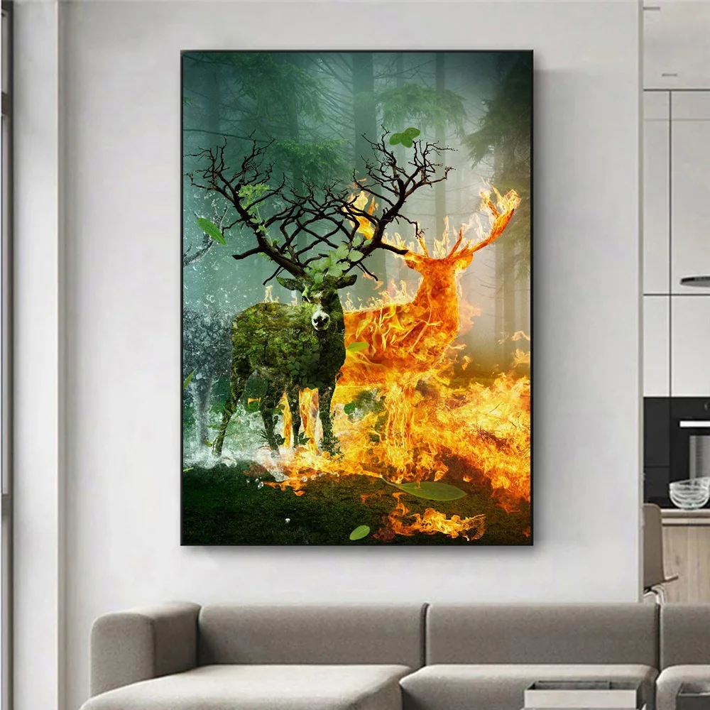 Canvas Prints Deer Plant Fire Paintings Abstract Forest Wall Art Poster Picture for Living Room Aesthetic Home Decor Mural