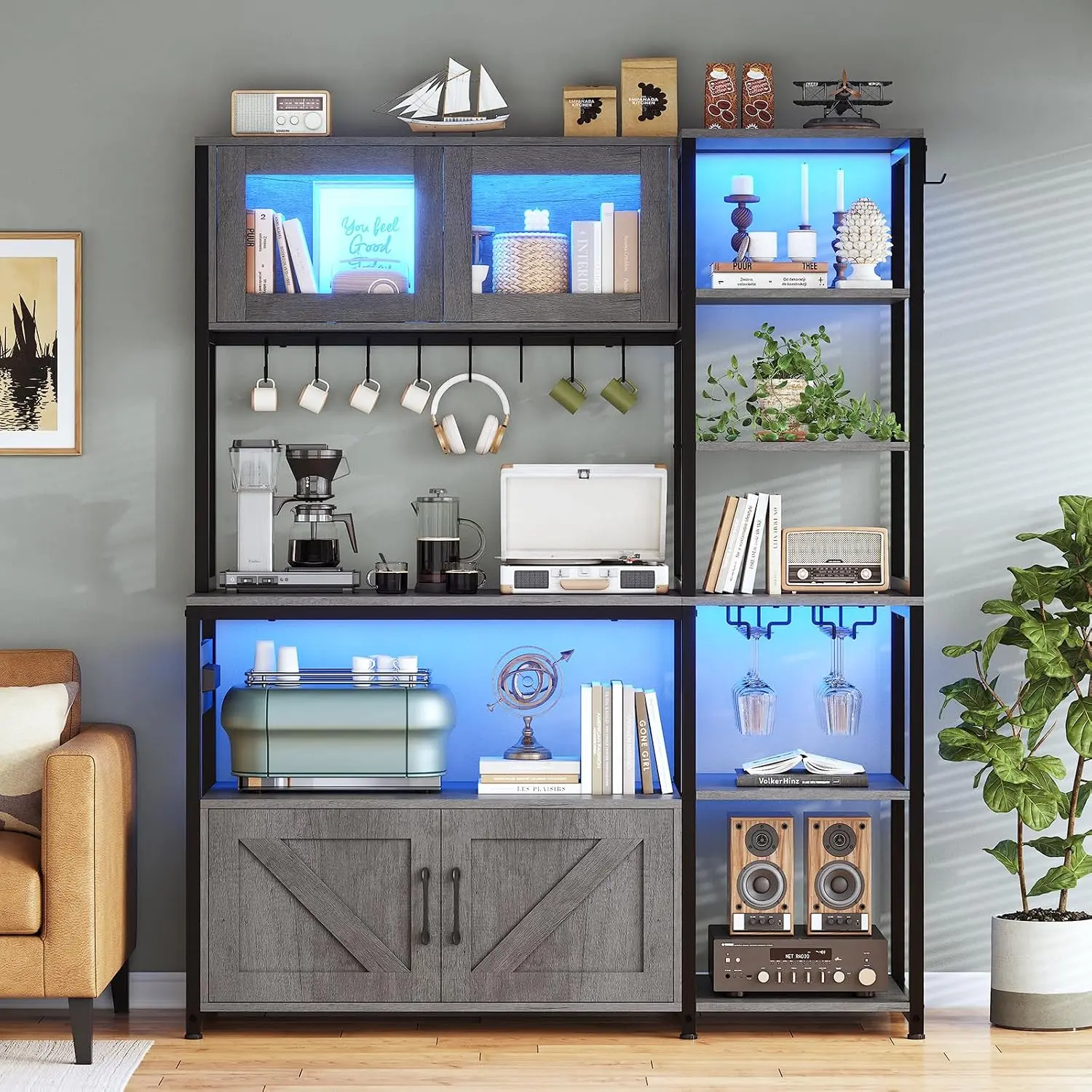 Bakers Rack with Outlet & LED, 45.3 Inch Coffee Bar Cabinet, Microwave Stand with Storage, Glass Cabinet & 8 Hooks, Customized