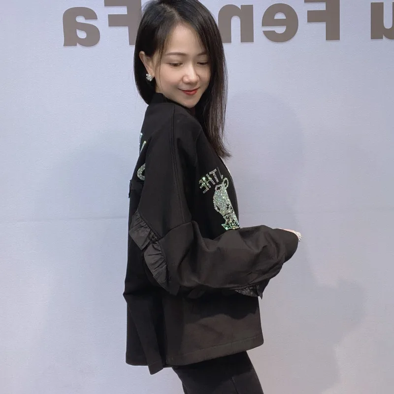 Women's Clothing Ruffled Rhinestone Oversized Cardigan Zipper Jacket Women's Autumn Winter Batwing Sleeves Black Versatile Coat