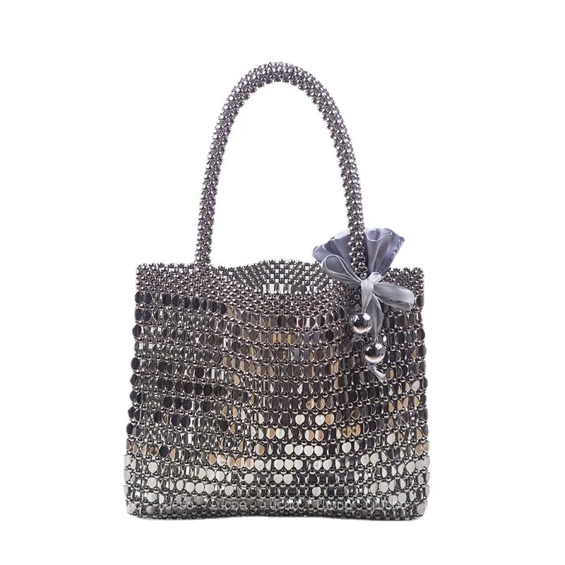 Bolso Punk Heavy bolsos con detalles de Metal Rock Silver con asa superior para mujer, bolso Retro hecho a mano con cuentas y perlas, bolso Vintage para teléfono móvil para fiesta de noche